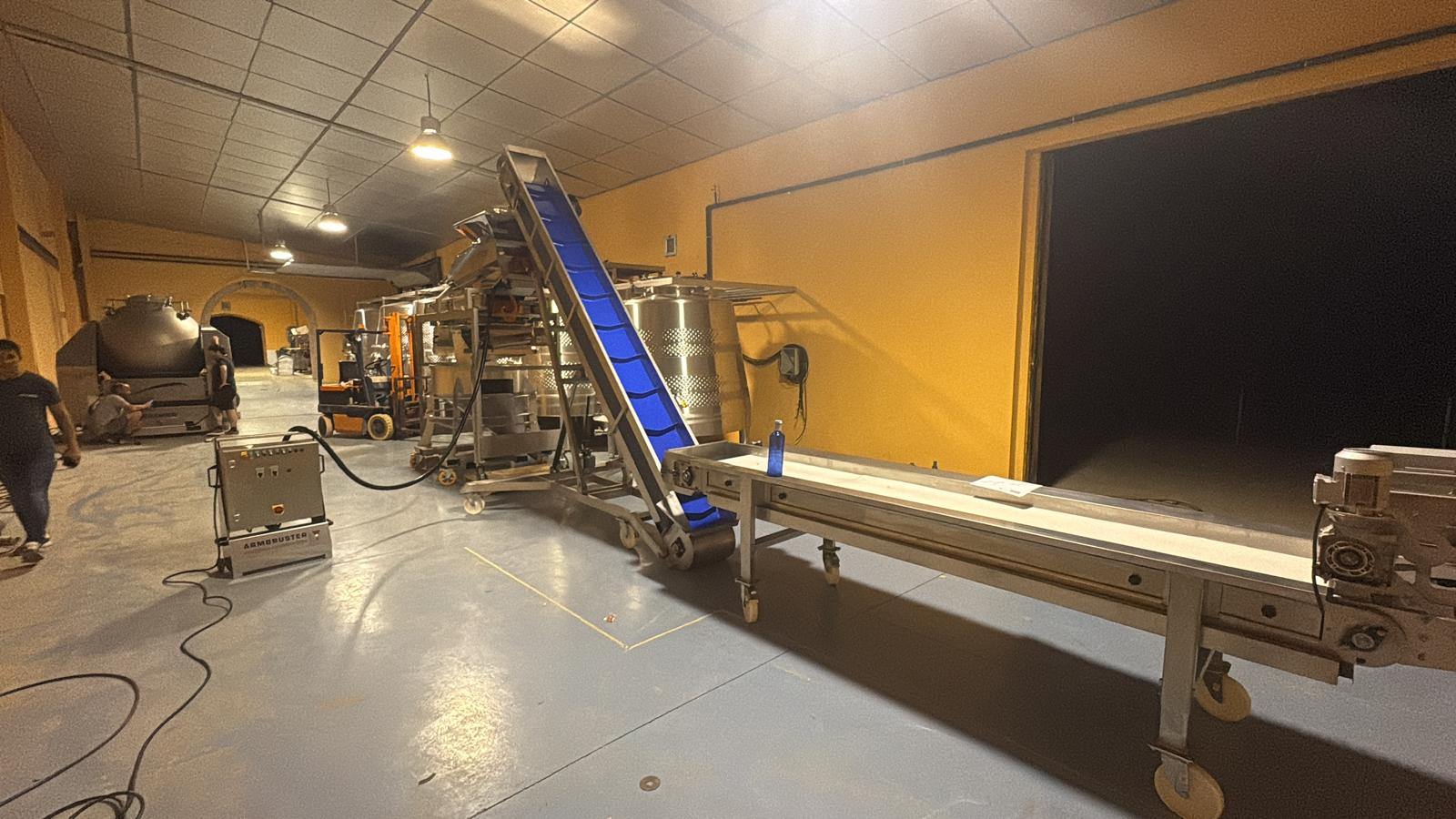 Cinta de selección y elevador de vendimia en la nave de entrada de la bodega